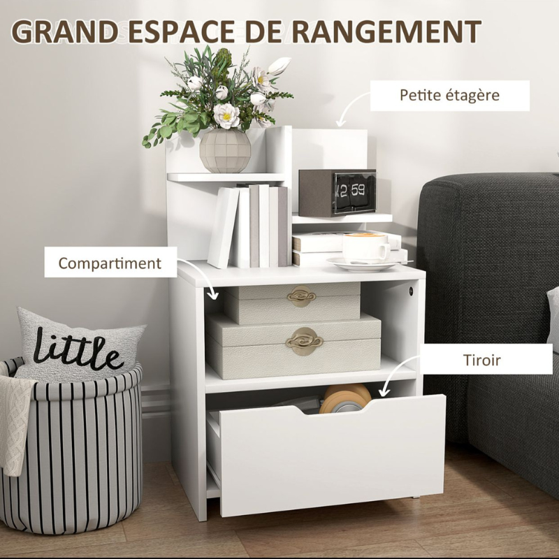 Table de chevet table de nuit avec tiroir, niche et étagères de rangement effet bois - blanc