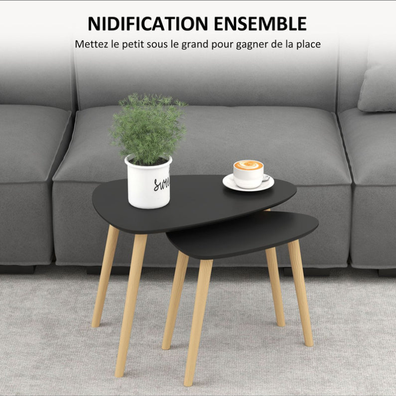 Lot de 2 tables basses gigognes design scandinave pieds en bois et plateau en bois
