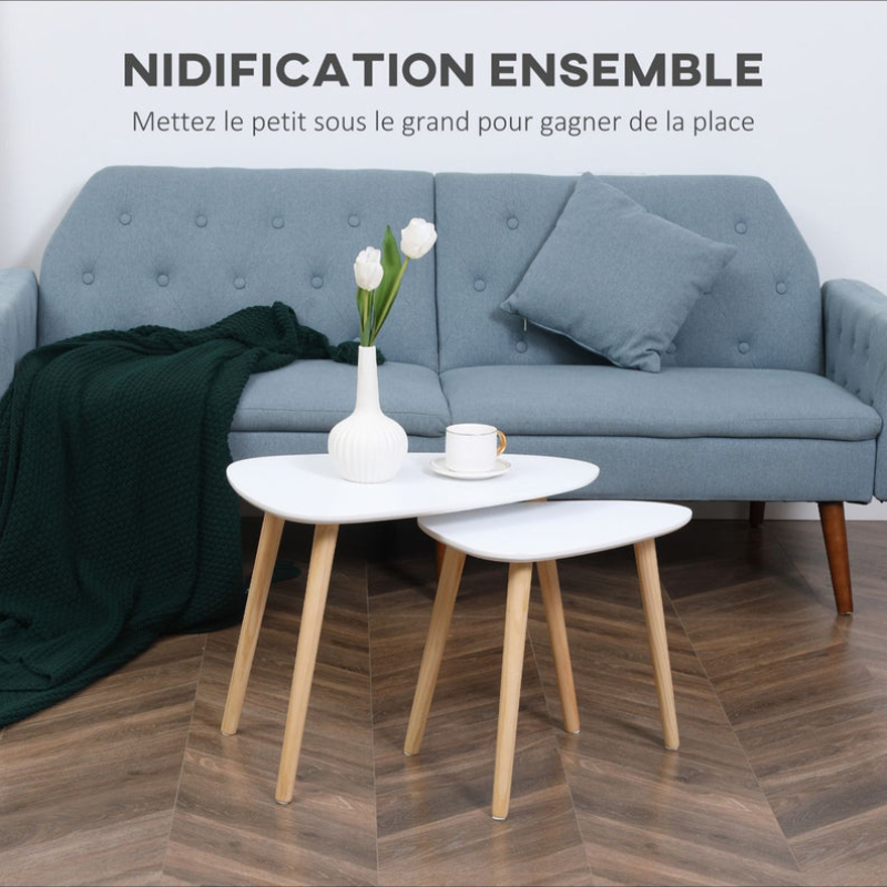 Lot de 2 tables basses gigognes design scandinave pieds en bois et plateau en bois