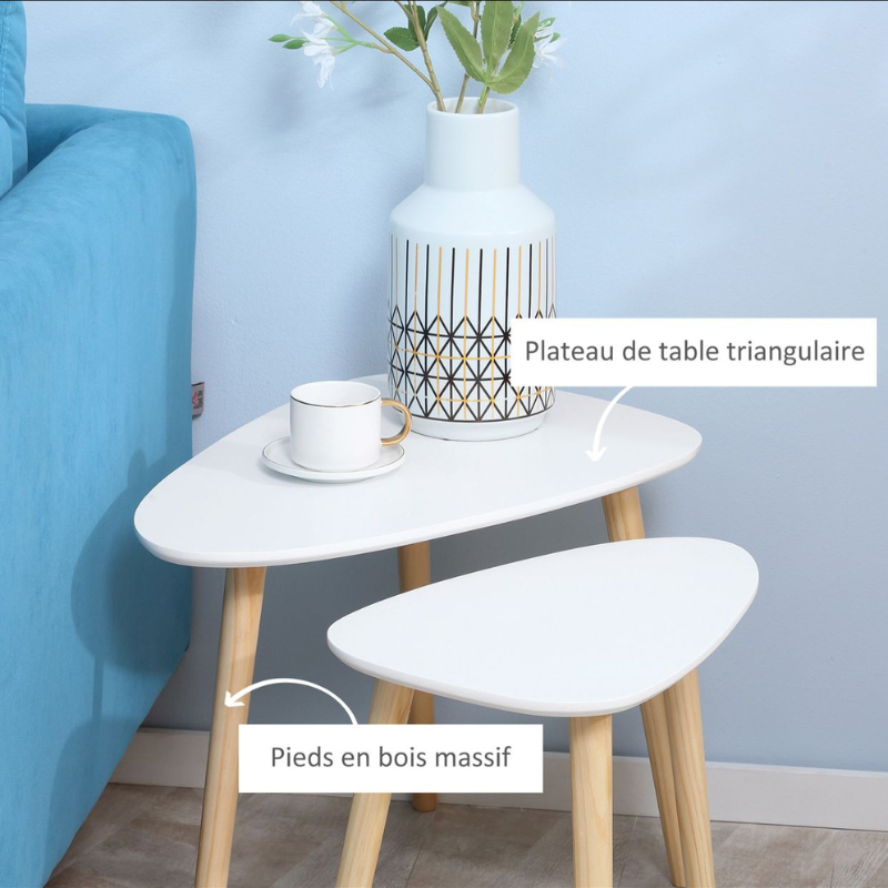 Lot de 2 tables basses gigognes design scandinave pieds en bois et plateau en bois