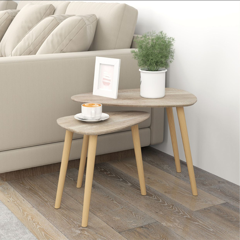 Lot de 2 tables basses gigognes design scandinave pieds en bois et plateau en bois