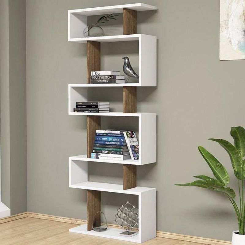 Bibliothèque à étagères - LOCK - 163cm  blanc et Noyer - bois Mdf