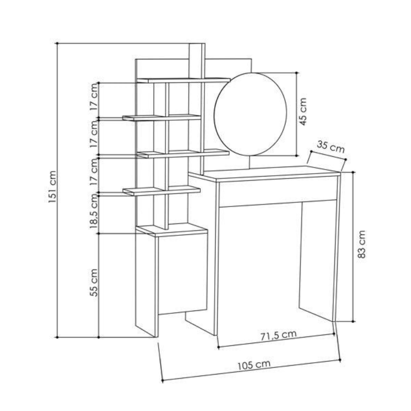 Coiffeuses design en bois blanc avec tiroir et étagères ouvertes et miroir