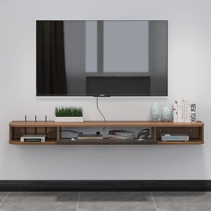 Meuble TV mural, Étagères flottantes avec porte  - Noyer - 160 cm bois Mdf