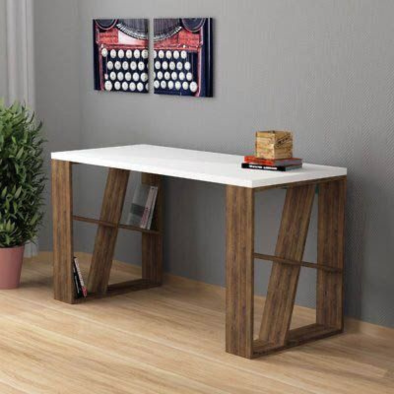 Bureau de travail en bois solide HONEY 137 cm – Noyer et Blanc
