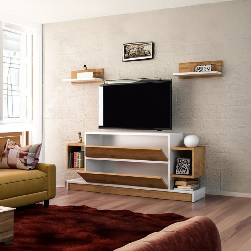 Meuble TV ARGI 134 cm avec 2 étagères murales - Noyer et Blanc