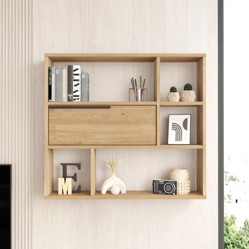 Étagère murale décor bois chêne rangement fermé 5 niches