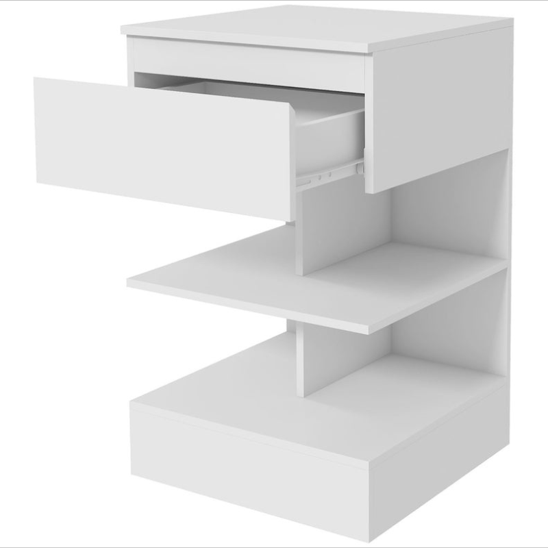 Table de Chevet Moderne avec un Tiroir et 2 Étagères - Blanc