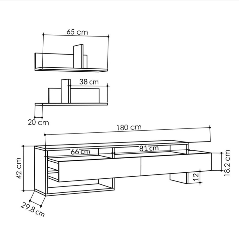 Meuble TV moderne -Calhoun -pour TV jusqu'à 50 pouces avec étagères 180cm