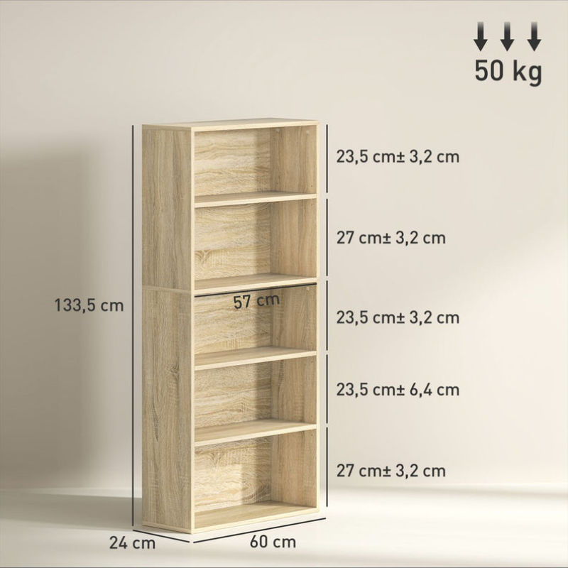 Bibliothèque à 5 étagères avec 3 étagères ajustables, en bois