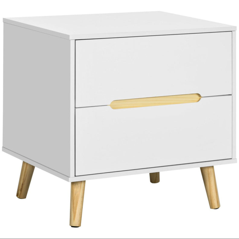 Table de Chevet Moderne avec 2 Tiroirs en Panneau de Particules et Pieds en Bois de Pin - Blanc