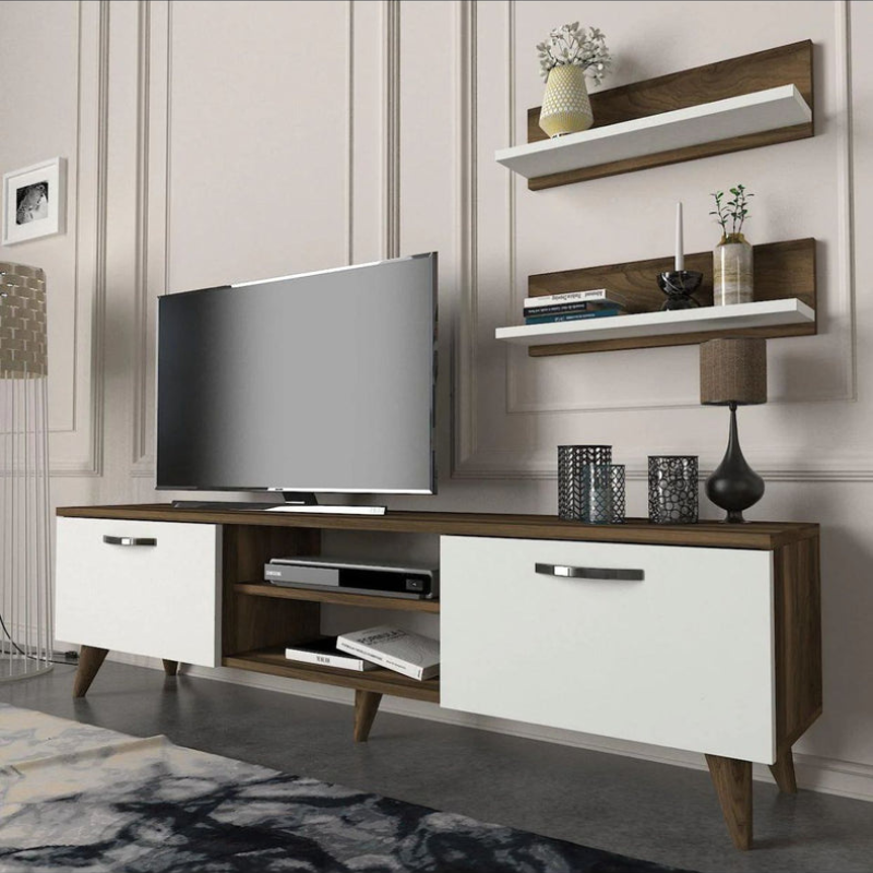 Meuble TV AYDEN 150cm - Noyer et Blanc