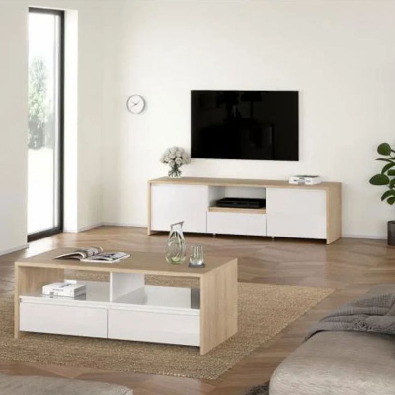 Meuble TV et table basse - chêne et blanc avec tiroir et deux portes 178cm