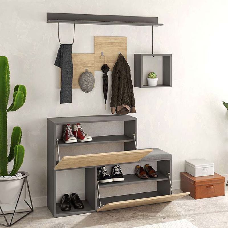 Meuble à chaussures avec porte- manteau avec assises - gris et chêne - 120 cm