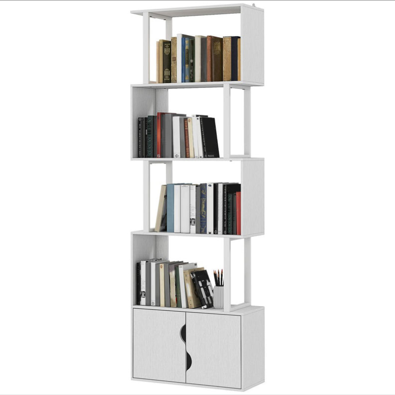 Bibliothèque à 5 niveaux, meuble de rangement avec étagères et placard double porte