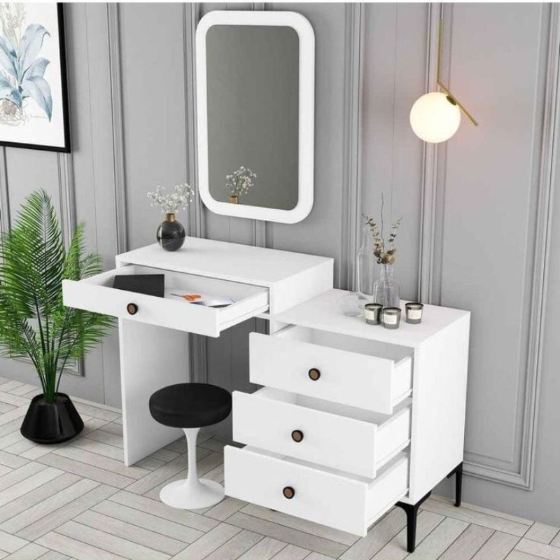 Coiffeuse Moderne Chic - Noyer, Gris & Blanc - avec Miroir