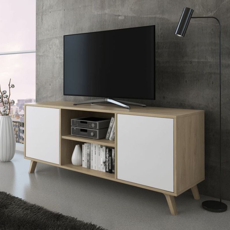 Meuble TV 135cm Double étagère VOGUE - Blanc et chêne