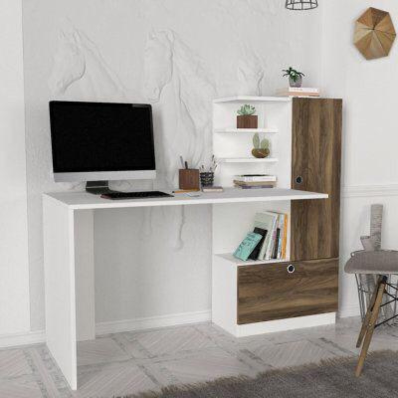 Bureau avec bibliothèque - NISE - Noyer et Blanc 149cm