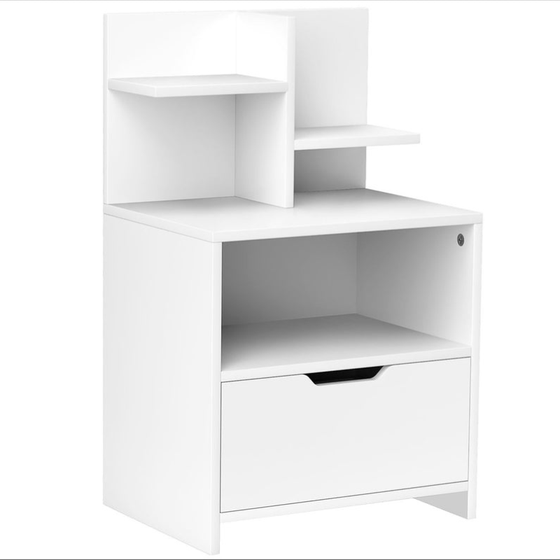 Table de chevet table de nuit avec tiroir, niche et étagères de rangement effet bois - blanc
