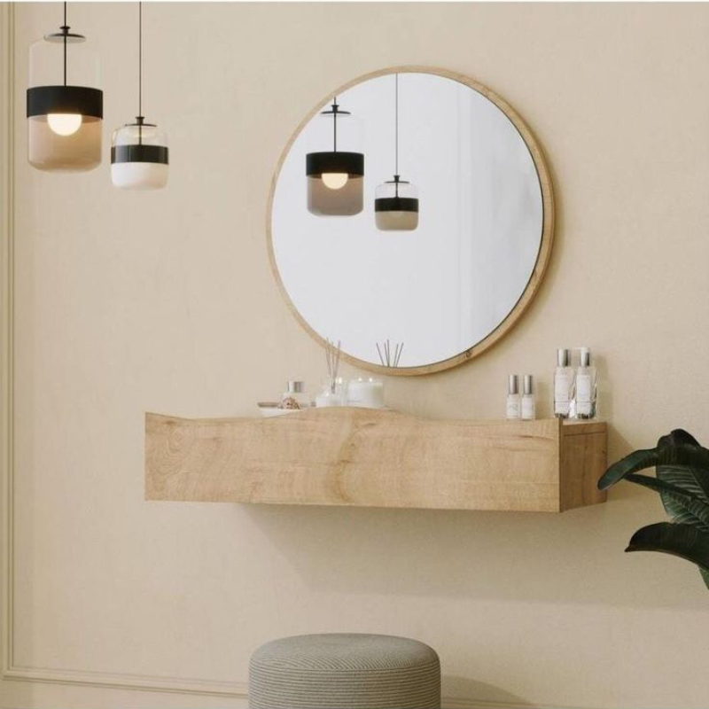Penderie avec tiroir profilé et miroir rond (Chêne / Noyer) - 80 cm