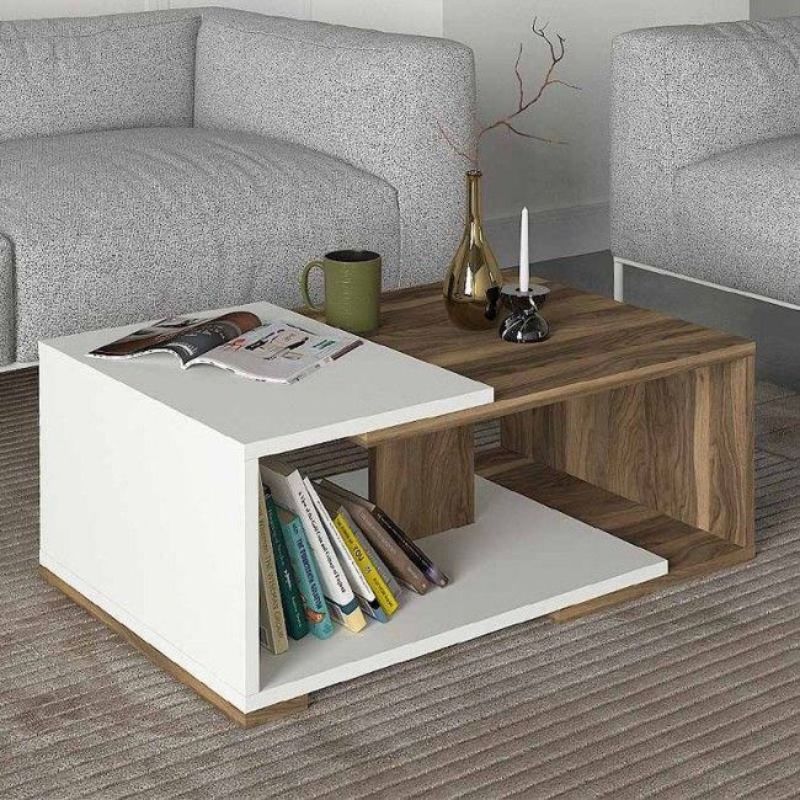 Table basse - ATERAM - Blanc et Noyer bois Mdf - 81cm