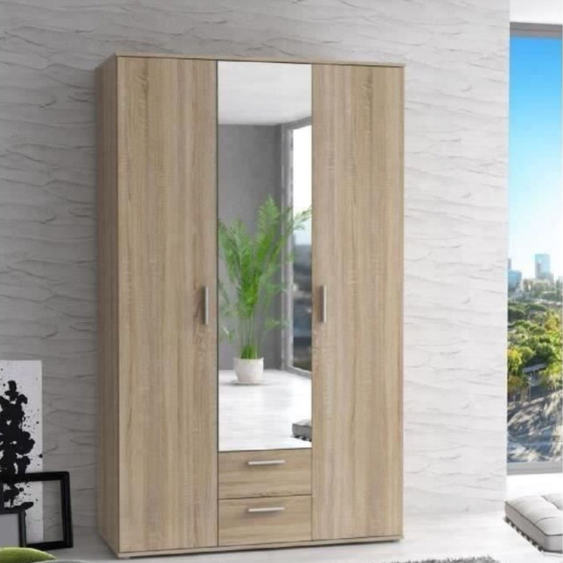 Armoire  3 portes battantes avec 1 miroir + 2 tiroirs - Décor chene Sonoma