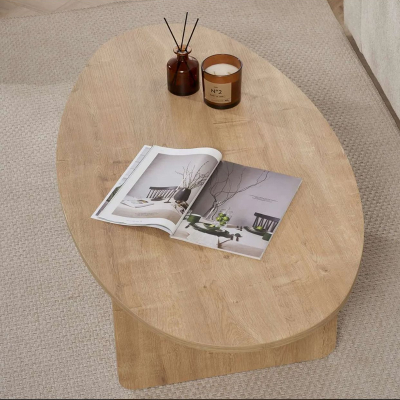 Table basse moderne ovale - Pied en T (Noir / Chêne / Noyer)