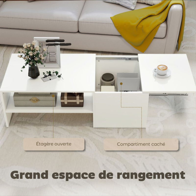 Table basse rectangulaire - table d'appoint plateau coulissant - rangement caché - étagère ouverte