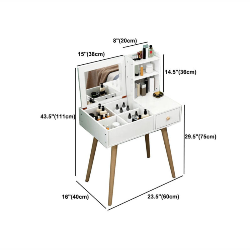 Coiffeuses de bois Blanc pieds en bois massif avec supports de rangement avec chaise