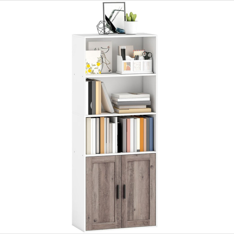 Bibliothèque meuble de rangement 5 niveaux avec compartiments ouverts et 1 placard