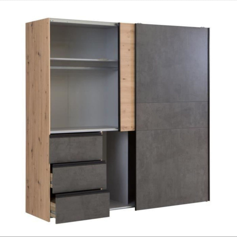 Armoire Grand Format WINN2 – Chêne & Gris Anthracite – 2 Portes Coulissantes & 3 Tiroirs
