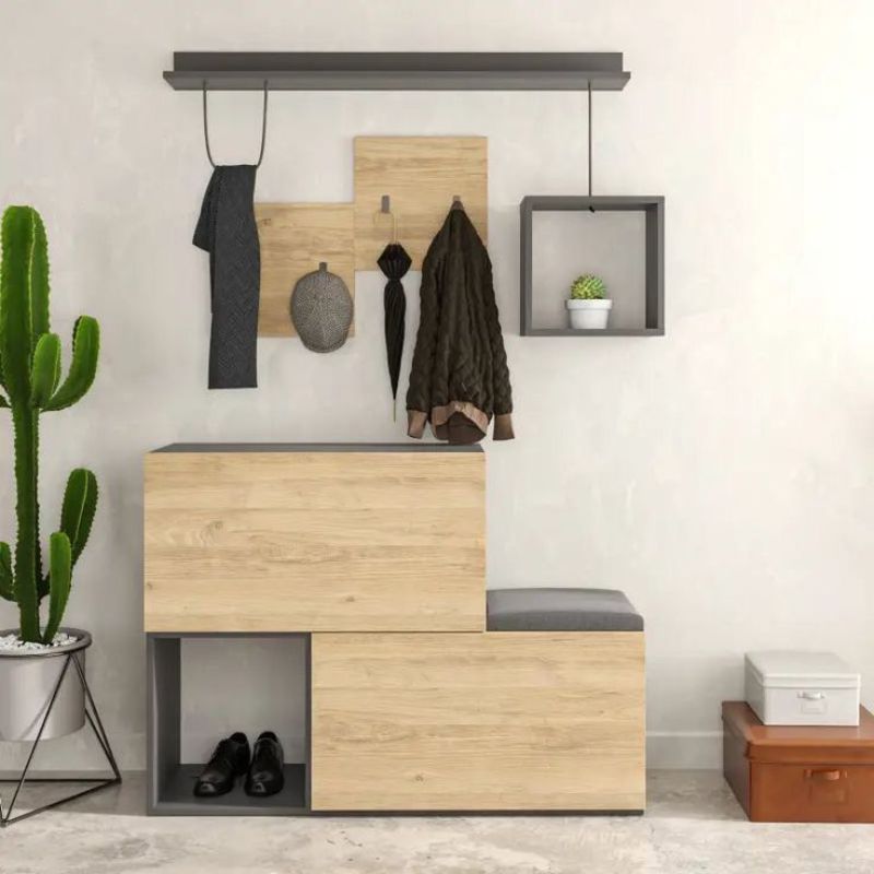 Meuble à chaussures avec porte- manteau avec assises - gris et chêne - 120 cm