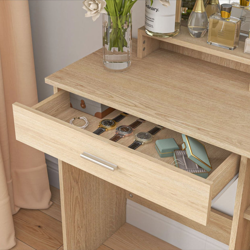 Coiffeuse de Chambre Polyvalente – Érable – avec Armoire, Miroir & Étagères