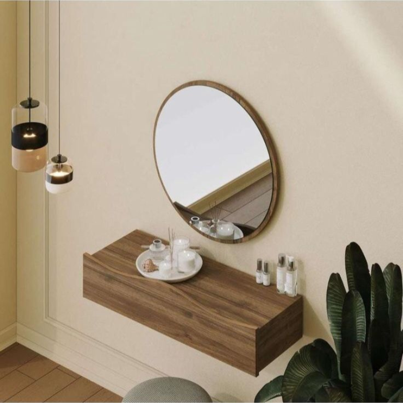 Penderie avec tiroir profilé et miroir rond (Chêne / Noyer) - 80 cm