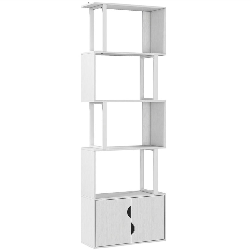 Bibliothèque à 5 niveaux, meuble de rangement avec étagères et placard double porte