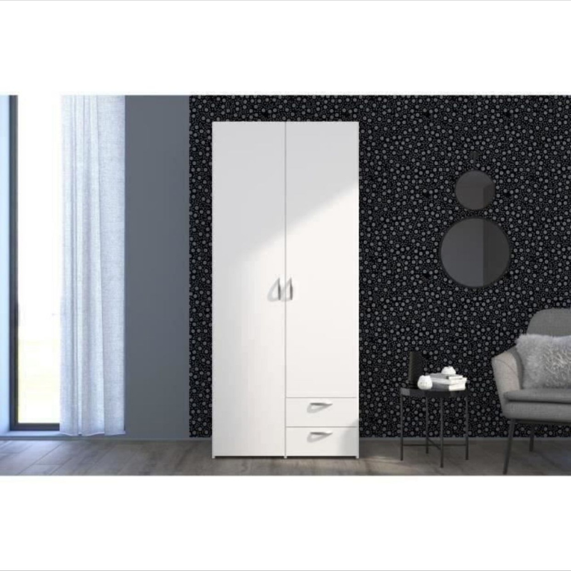 Armoire VARIA – 2 Portes Battantes & 2 Tiroirs – Blanc Épuré