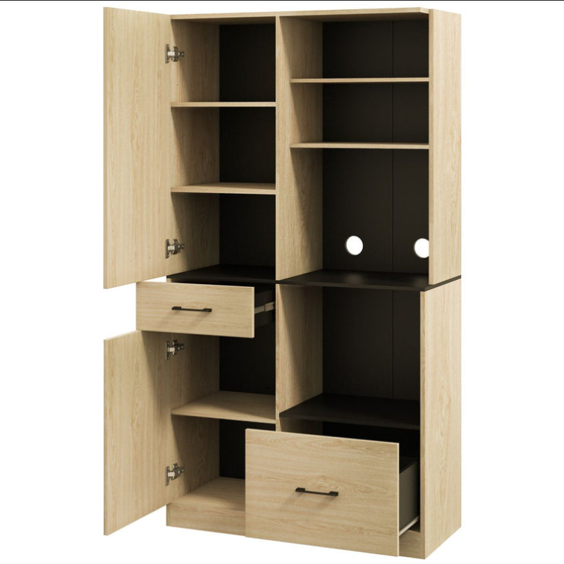 Armoire meuble de cuisine avec 2 tiroirs 2 placards 4 niches étagères réglables et passe-câbles H170 cm - Chêne et Noir