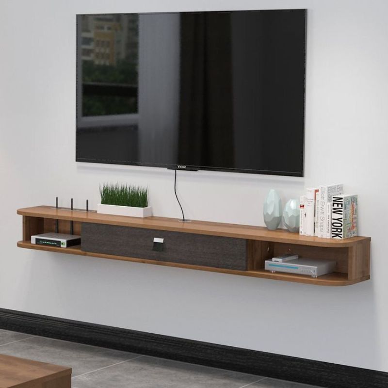 Meuble TV mural, Étagères flottantes avec porte  - Noyer - 160 cm bois Mdf