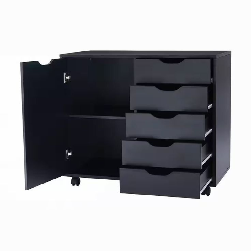 Armoire de classement verticale à tiroir, porte, étagère réglable, roulettes - Noir - Bois MDF