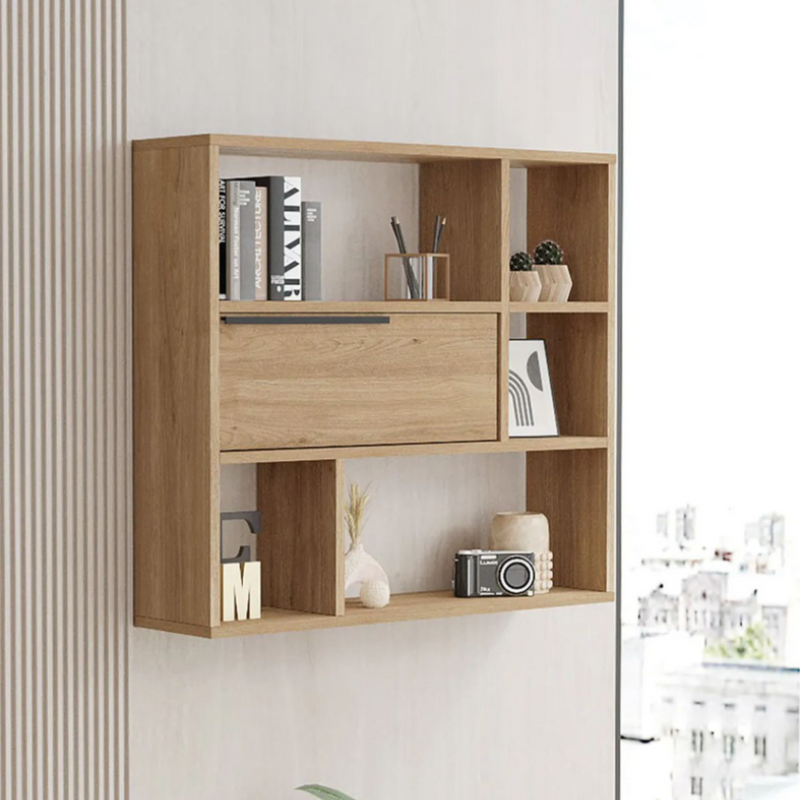 Étagère murale décor bois chêne rangement fermé 5 niches