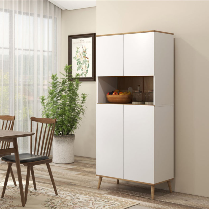 Buffet de cuisine armoire de rangement 2 placards avec porte étagères réglables niche centrale 2 passe-câbles blanc