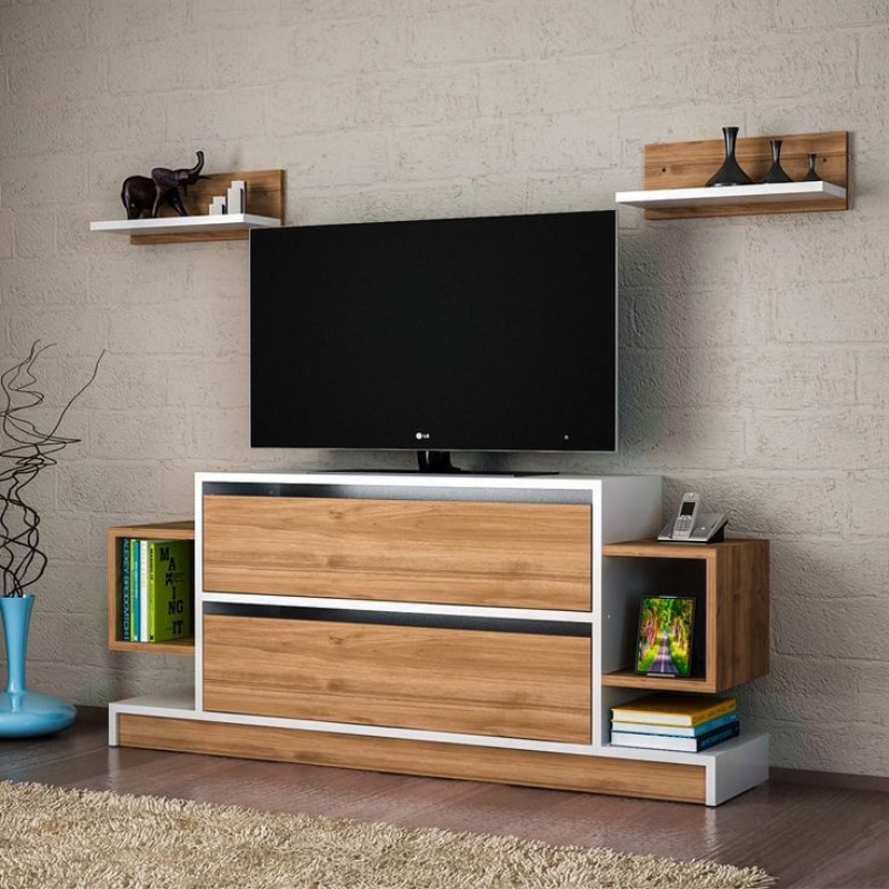 Meuble TV ARGI 134 cm avec 2 étagères murales - Noyer et Blanc