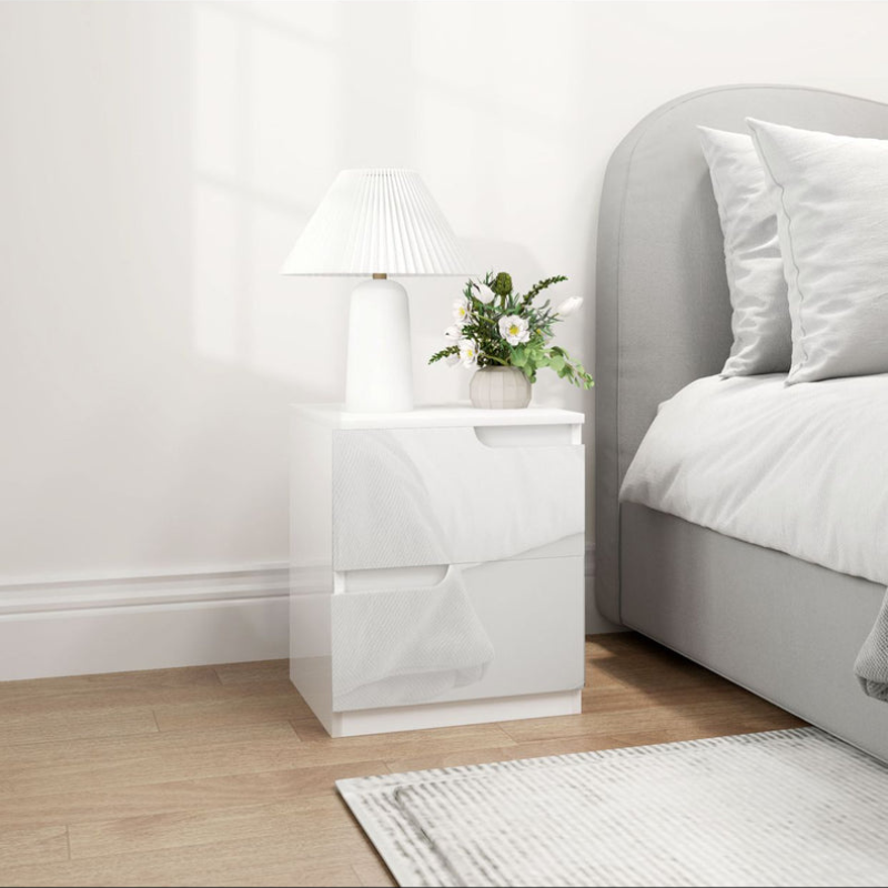 Table de Nuit Moderne  avec 2 Tiroirs et Design Brillant - Blanc