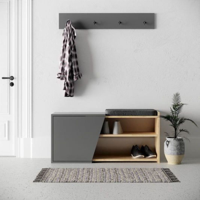 Meuble chaussures avec assises FIONA - anthracite - chêne et Gris bois Mdf  104 cm