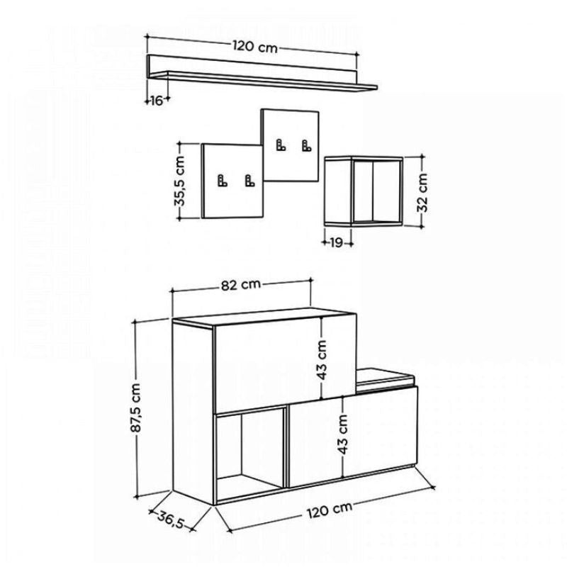 Meuble à chaussures avec porte- manteau avec assises - Blanc- 120 cm