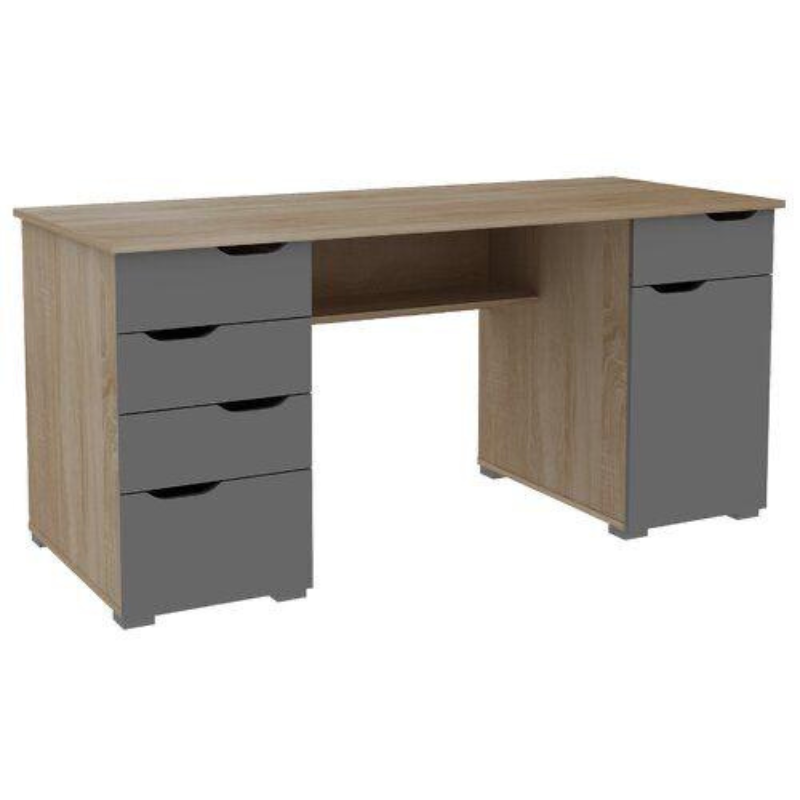 Bureau avec 5 tiroirs et porte - Chêne et Gris 160cm bois Mdf