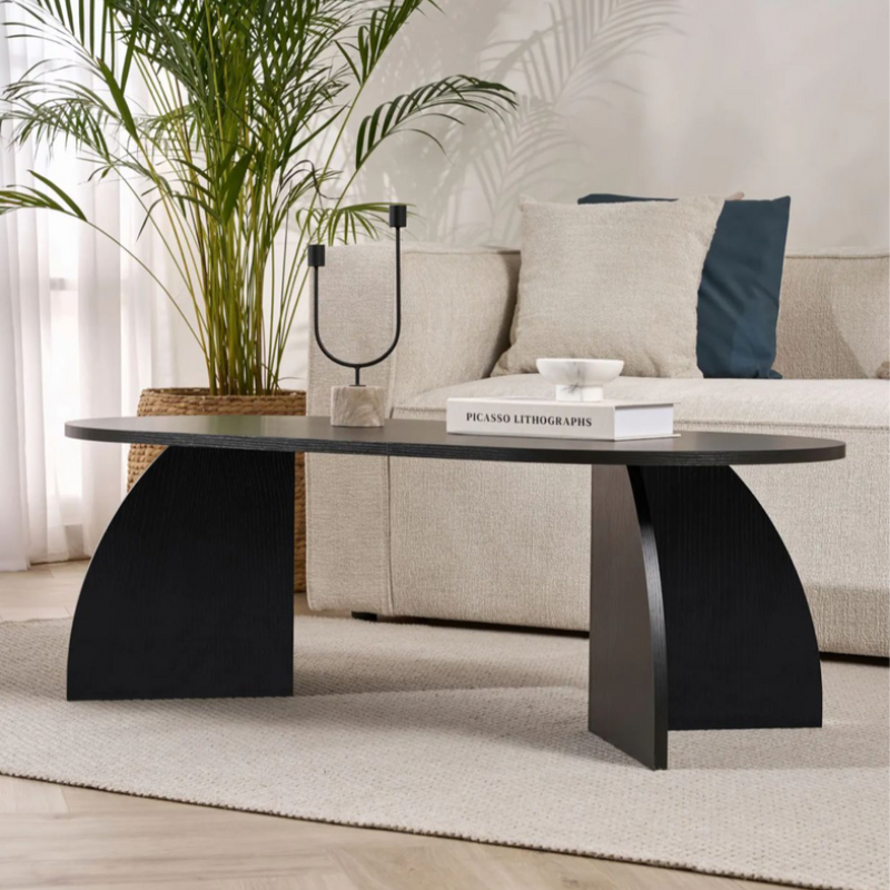Table basse ovale - pieds courbes (Noir / Chêne / Noyer)