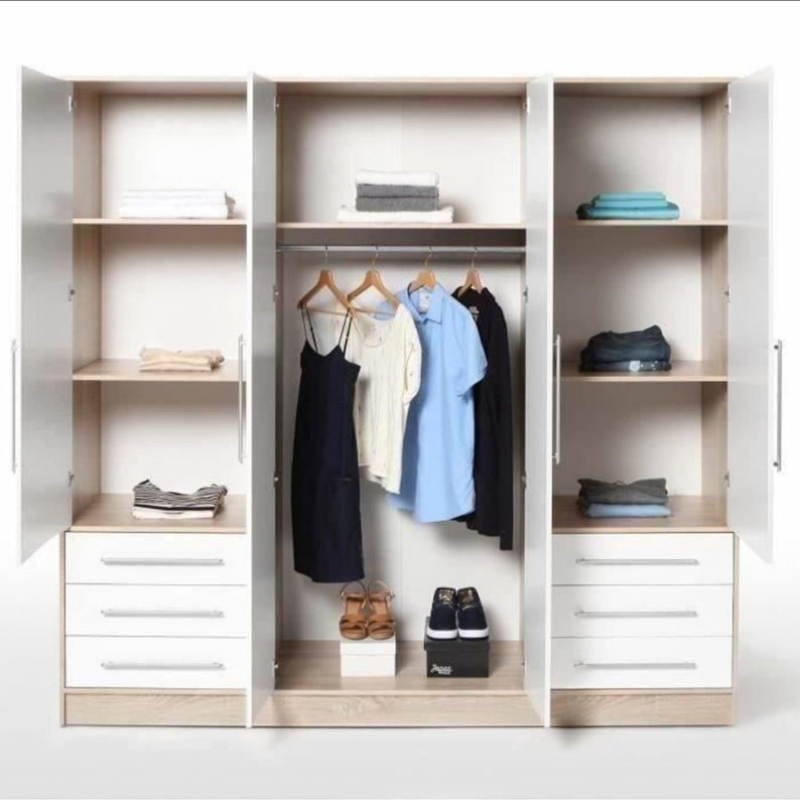 Armoire 4 portes battantes + 6 tiroirs - Chene et blanc