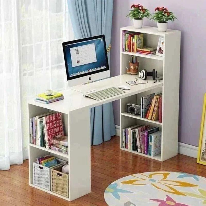 bureau Blanc - en bois Mdf- avec bibliothèque de rangement 120cm