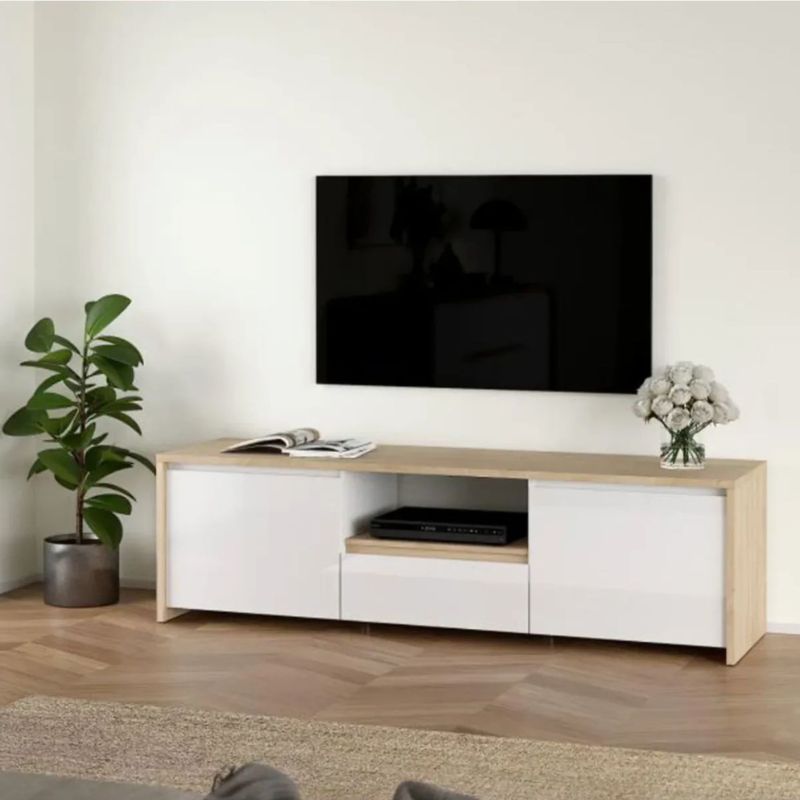 Meuble TV et table basse - chêne et blanc avec tiroir et deux portes 178cm